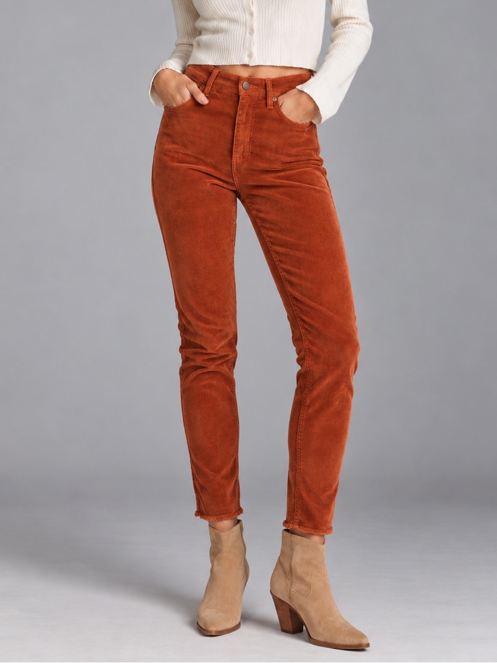 Free People We The Free Rust Corduroy Skinny Jeans Raw Hem 28